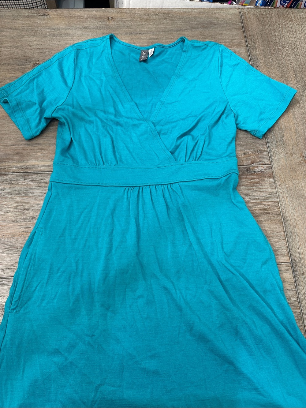IBEX 100% Wool Teal Knee Length Faux Wrap Short Sleeve Summer Dress Size M